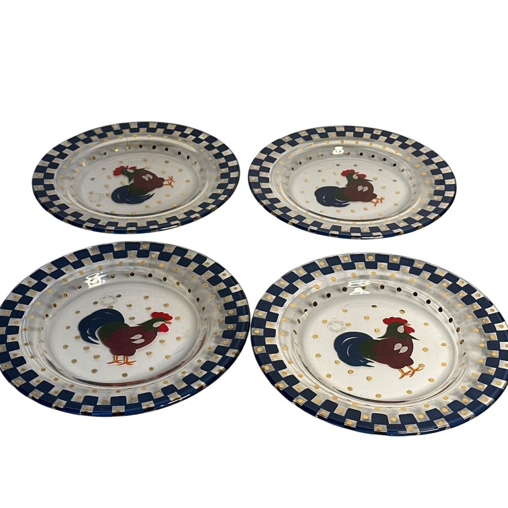 VTG 80s‎ Lenox Handpainted Rooster Glass Plates Set of 4 Farmhouse Checkered Rim